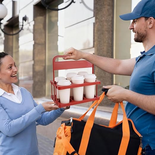 Bodaon 6 Cup Drink Carrier with Handle, Plastic Cup Carriers for Drinks, Drink Holder for Car, Take Out Delivery Drivers, Accessories, Portable Foldable Reusable Mobile, Use for Food Delivery Bag, Red