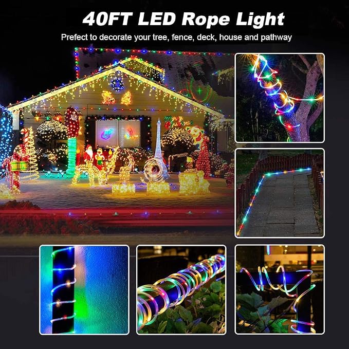 LED Rope Lights Battery Powered String Lights Outdoor with 8 Modes | 120LED 40ft Battery Operated Fairy Lights with Remote &Timer, IP65 Waterproof for Holiday Wedding Patio Decoration, 2Pack