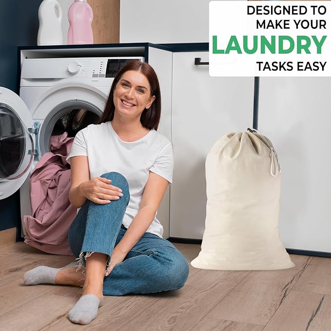 Large Cotton Laundry Bags 24x36 Inch with Drawstring, Heavy Duty Travel Organizer for Hamper, Basket, Camp – Beige (2 Pack)