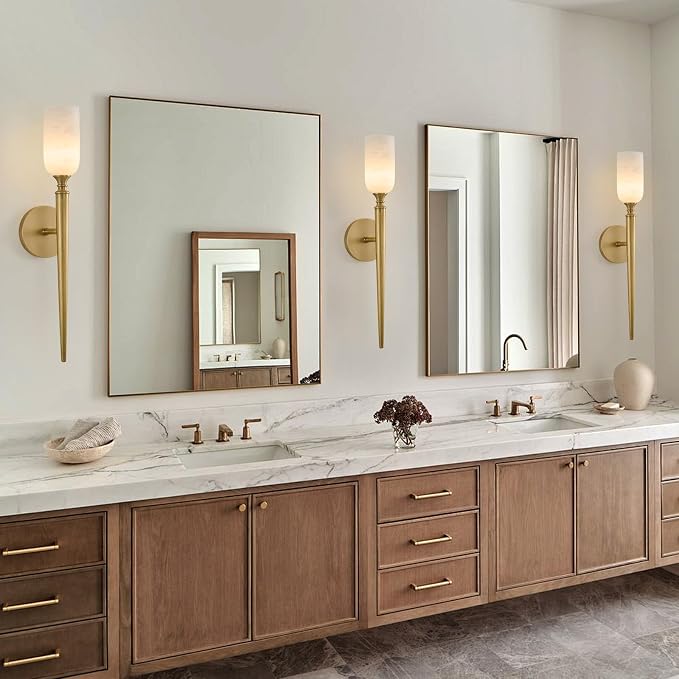 21.6" Alabaster Wall Sconces Set of 2, Vintage Brass Wall Lights | Natural Spanish Alabaster, Vintage Inspired Design, Unique Marble Veining, Elegant Brass Gold Finish, Statement Wall Accent