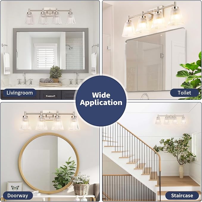 OCIOC 4-Light Vanity light fixtures, Brushed Nickel Vanity lights over mirror makeup light wall sconces with clear Striped glass shade, Bathroom lighting fixtures for Living room, Bedroom, Kitchen