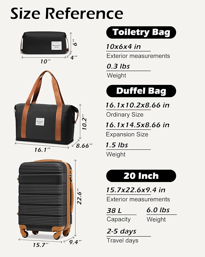LONG VACATION 3 Piece Carry On Luggage Set 20 Inch Carry on Suitcase with Spinner Wheels, ABS+PC Hardshell Suitcase set with TSA Lock & YKK Zipper