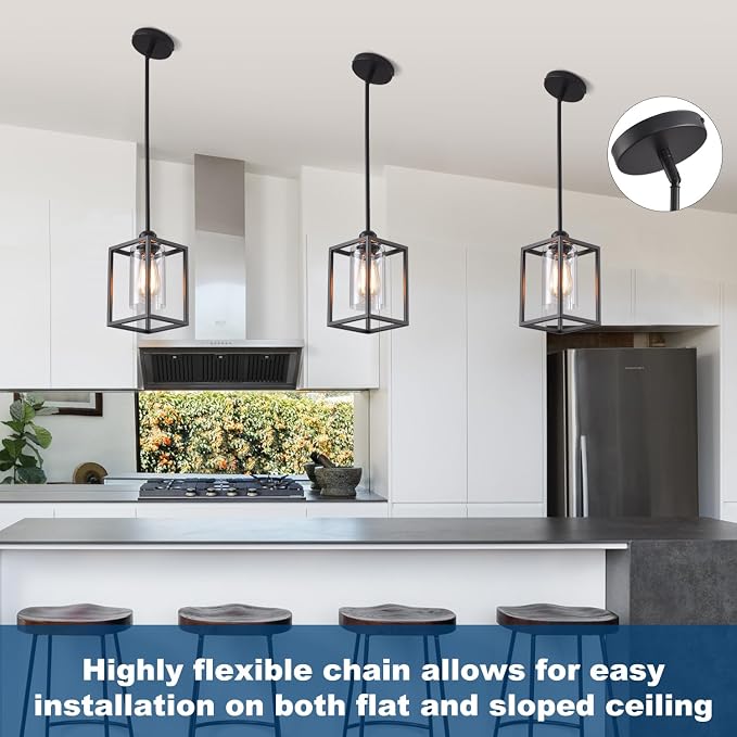 3 Pack Stem Rod Black Pendant Lights for Kitchen Island Industrial Lantern Pendant Light Fixtures with Clear Glass Shade, Farmhouse Adjustable Height Hanging Pendant Lighting