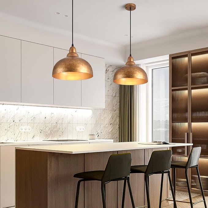 Ziqqeelam 11.8" Copper Pendant Light Kitchen Island Farmhouse Hanging Gold Pendant Light, Vintage Dome Pendant Lights, Farmhouse Dome Chandelier for Kitchen Island Dining Room