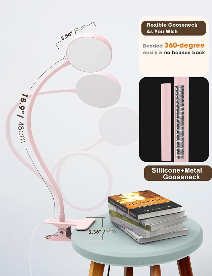 LiFMIRA Desk Lamp Clip on Light 8W 66 LED Reading Light for Bed Pink | 5 Colors 10 Dimming Levels, Eye Caring Metal Reading Lamp, Clip lamp for Bed Headboard Home Office
