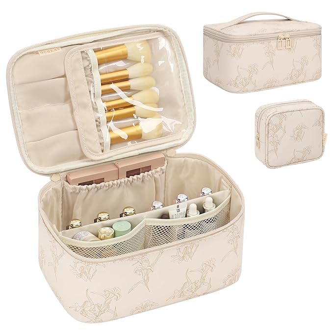 OCHEAL Makeup Bag Set, Portable Travel Makeup Bags Cosmetic Organizer Bag for Women Cute Floral Cosmetic Pouch Large Capacity Make up Bag PU Leather Toiletry Bags with Divider and Handle-Beige