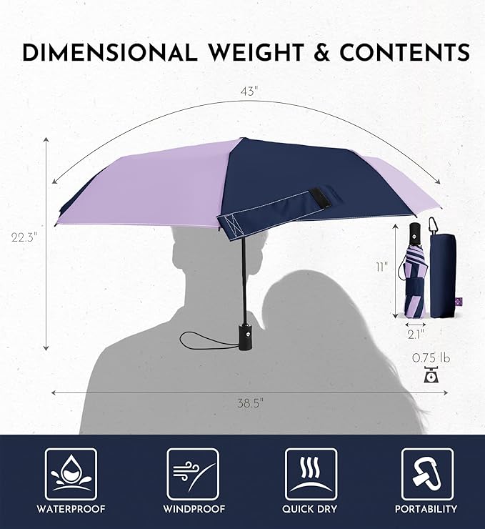 Windproof Travel Umbrella for Rain - 43" Auto Open Close 8-Rib Compact, Stylish Two-Tone Color Block Design, Easy-Close Folding Portable Parasol for Men & Women
