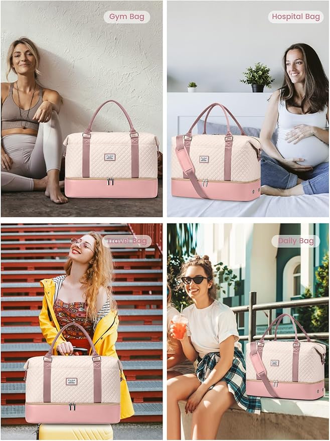 Travel Weekender Duffle Bags for Women: Overnight Bags with Shoe Compartment Large Carry on Weekend Bag with Toiletry Bag & Wet Pocket Tote Duffel Hospital Bag for Women Labor Delivery Beige Pink