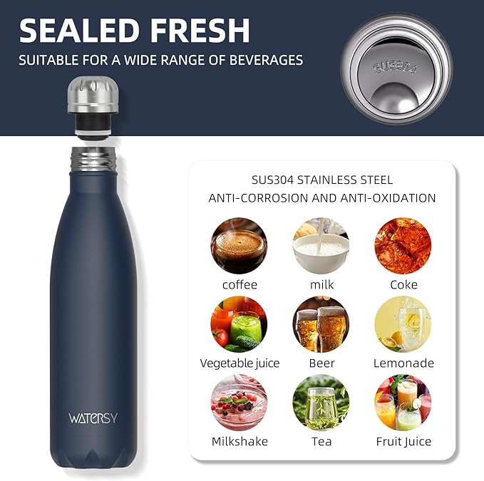 WATERSY Stainless Steel water bottles,17oz/500ml Insulated Water Bottles,Cobalt metal water bottle Keeps Drink Cold and Hot,Blue BPA Free kids water bottles for School,Gym,Travel,Sports