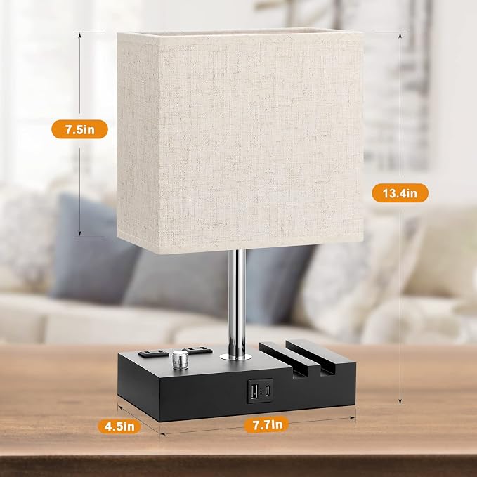 Beige Bedside Table Lamps Set of 2 - Dimmable, USB C+A, 2 AC Outlets | Dimming By Rotary Knob, USB C+A Ports, 2 Phone Stands, LED Bulbs Included, Rectangle Beige Lampshade, for Living Room, Desk