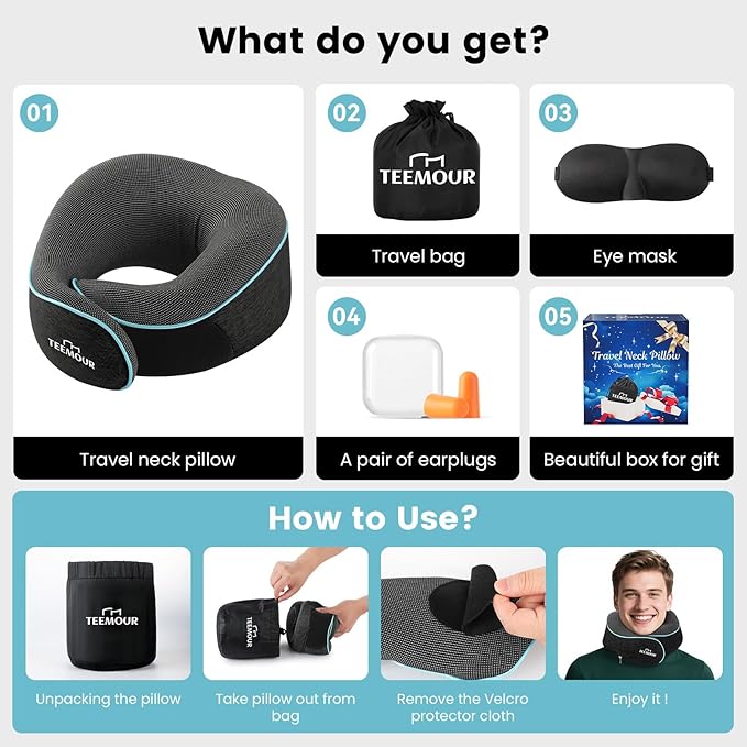 Travel Neck Pillow for Airplane -Memory Foam Travel Pillow for Long Flights/Car Sleep 360ยฐ Support Airplane Pillow, With Eye Mask & Earplugs, Portable Carry Bag | Airplane Accessories Washable Cover