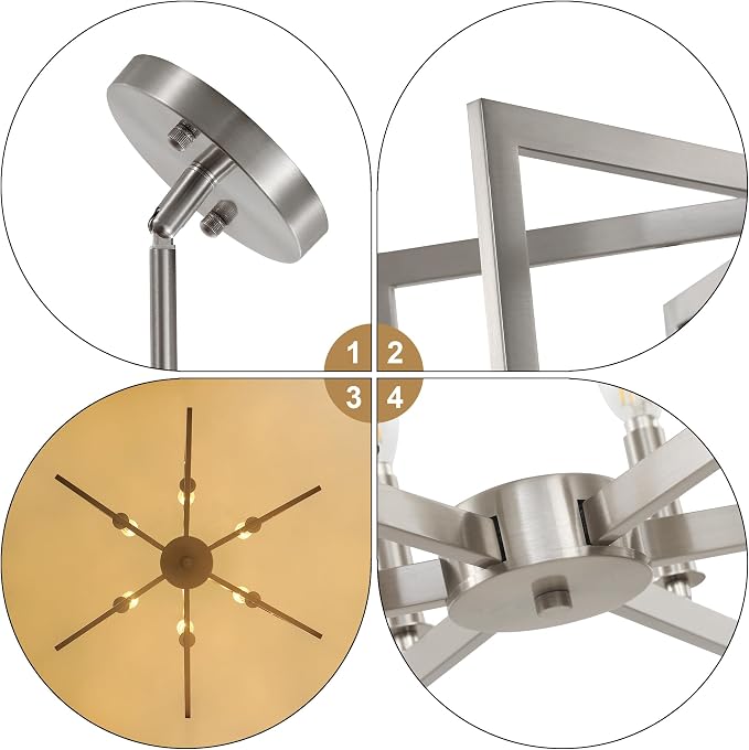 Klgxnrd 6-Light Modern Farmhouse Brushed Nickel Chandelier, Industrial Pendant Lights Kitchen Island, Hanging Dining Room Light Fixture, Metal Geometric Chandelier for Bedroom Hallway Entryway