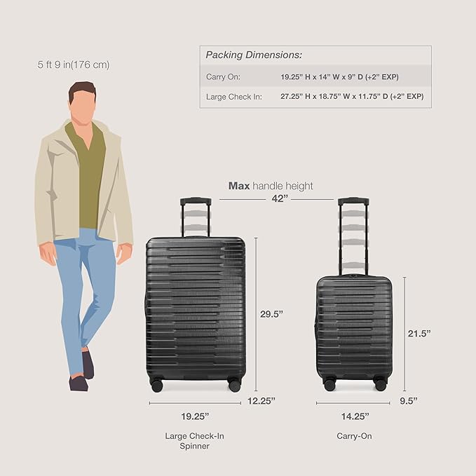 U.S. Traveler Boren Expandable Hardside Rugged Travel Luggage with 8 Spinner Wheels, Black, 2-Piece Set