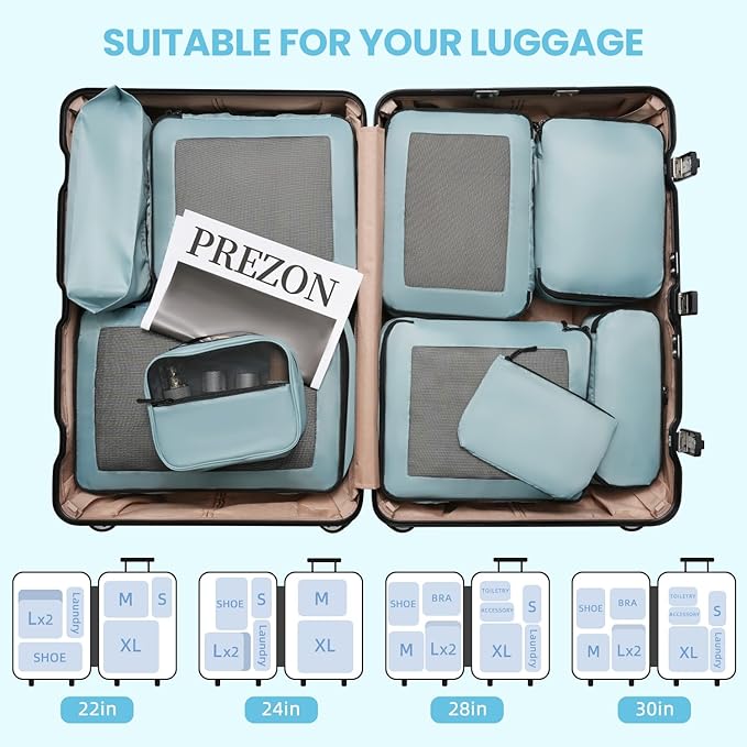 Mesh Packing Cubes for Travel, Durable Luggage Organizer with Sturdy Material and Double Zippers, Comprehensive Set for Travel Accessories Storage, 10 set, teal