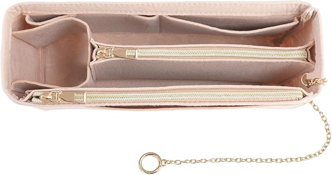 Purse Organizer Insert, Handbag Organizer with Zipper, Tote Shaper with Cup Holder & Keychain, Compatible with LV, Neverfull, MK, COACH, Longchamp, Kate Spade – Khaki-Sl. Lg