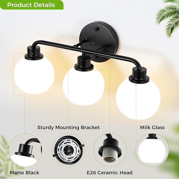 Bathroom Light Fixtures Black Vanity Light 3 Light Bathroom Lights | Wall Sconces Lighting with Milk Glass Shades, Bath Wall Lights Wall Lamp for Mirror, Kitchen, Living Room, Bedroom, Hallway