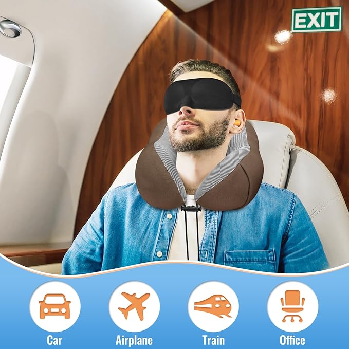 CloudBliss Travel Pillow Premium Memory Foam, Comfortable & Supportive Neck Pillow, Neck Pillows for Sleeping Travel, Airplane Pillow for Sleeping Airplane, Car, Office and Home(Black & Brown)