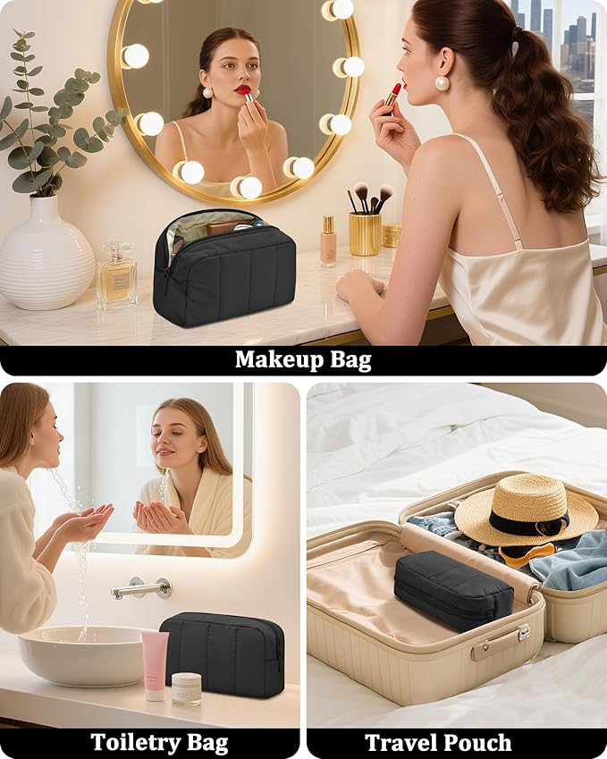 oscaurt Makeup Bag Cosmetic Bag Travel Toiletry Bag for Women Puffy Padded Cosmetic Pouch Purse Wide-open Makeup Organizer Case Travel Essentials