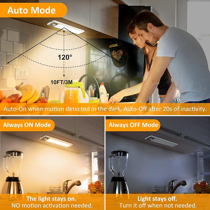 Motion Sensor Under Cabinet Lights, 3-Pack, Warm White, 8 inch | Magnetic, Rechargeable Under Counter Closet Light, Wireless Night Light Bar, 10% to 100% Dimming, USB Cable Included