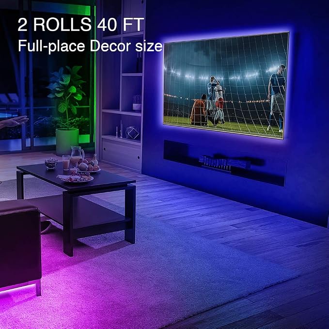 40FT LED Strip Lights for Bedroom RGB Color Changing | 2 Rolls 20ft, Remote Control, Power Supply, Room Decor Lighting