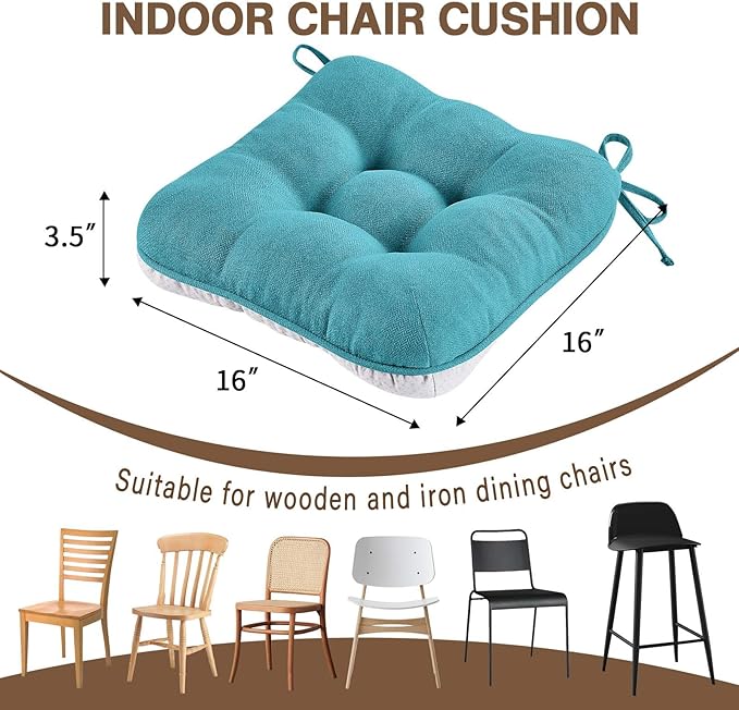 BETU Chair Cushions for Dining Chairs Set of 4,3.5" Thick Kitchen Table Chair Pads with Ties,Non Slip Backing and Covers, Seat Cushion for Dining Room,Bar,Patio Chairs,16"X16"X3.5",Teal