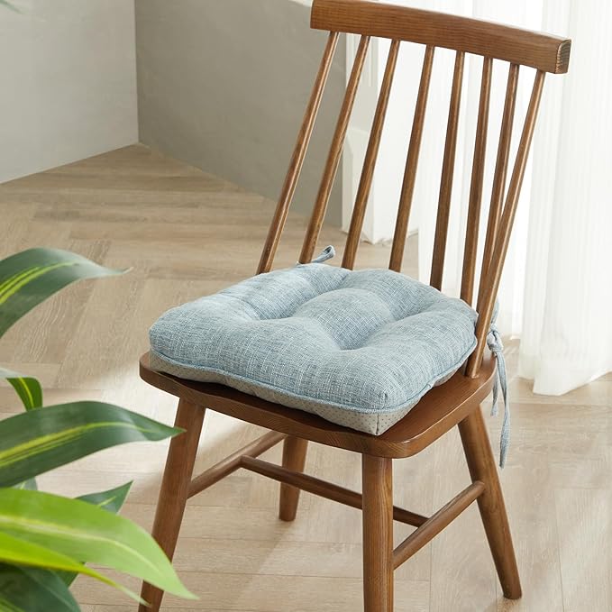 Quilmfoam 16.5"x15.5" Kitchen Chair Cushions Set of 4 for Dining Chair, Soft Tufted Non-Slip Memory Foam Seat Cushion with Ties for Indoor Kitchen Dining Furniture, Light Blue