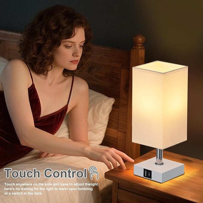 Touch Table Lamp for Bedroom - Dimmable, USB C+A, White Lamphade White Base | 3-Way Dimmable, 3000K LED Bulb Included, Square Lampshade, Cute Room Decor for Teen Girls, Kids, Small Lamp for Dorm, Nursery