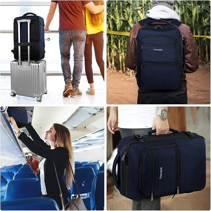 Vancropak Carry On Backpack, 45L Expandable Extra Large Travel Backpack, Flight Approved Water Resistant Luggage Suitcase Daypack, Lightweight Personal Business Weekender Bag for Men & Women, Blue