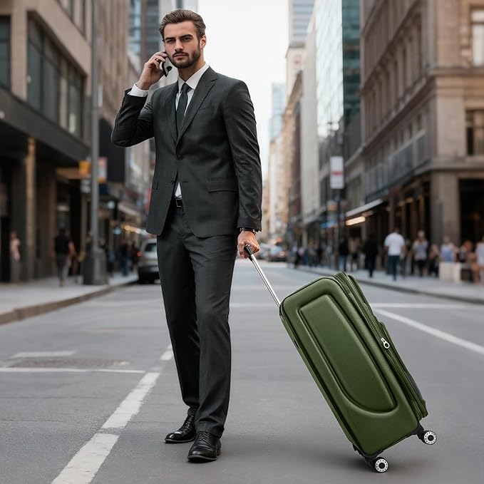 24'' Softside Expandable 15% Rolling Luggage with Double Spinner Wheels & w/LOCK,Lightweight Travel Luggage for Men Women(Green-Grey,24in)