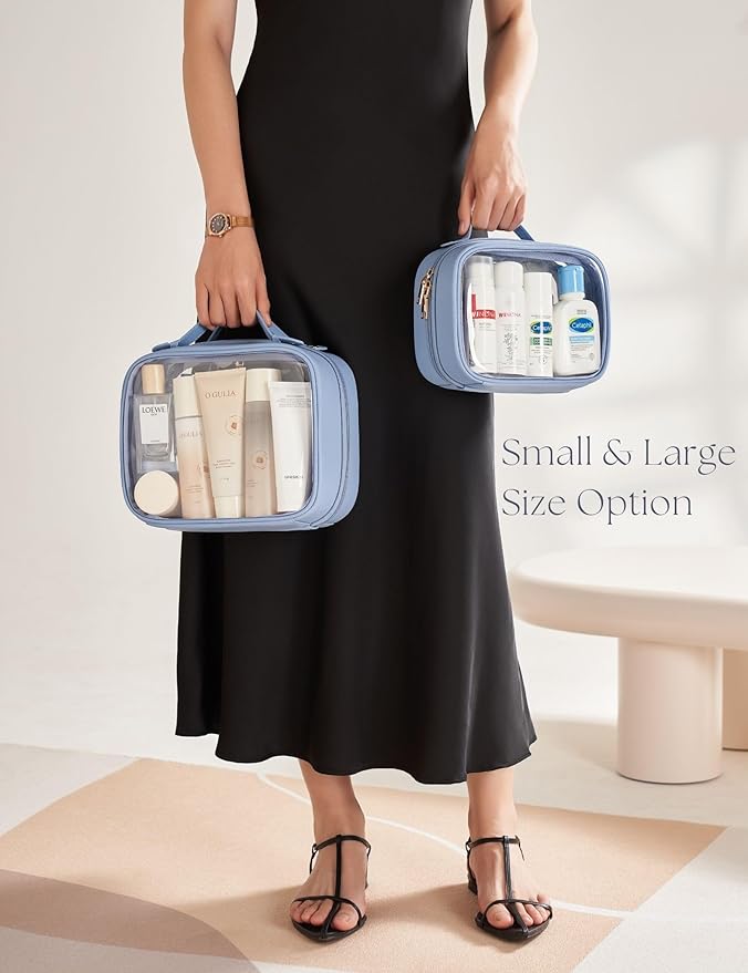 Clear Cosmetic Bag Double Layer Travel Toiletry Bag Clear Makeup Bag Case with 4 Compartments, Transparent Travel Bag for Toiletries, Large Toiletry Bag for Women Cosmetic Case (Blue, Large)