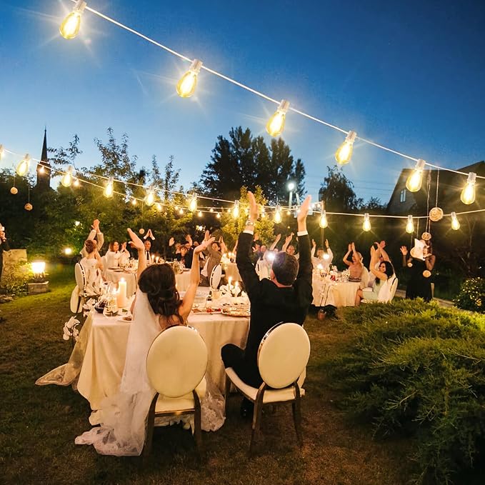 192FT(2x96FT) LED Outdoor String Lights, 30+2 Edison Bulbs, White | Waterproof, Shatterproof, Connectable, Energy-saving, Plug in, Dimmable, Hanging Lamp for Bistro Party Wedding Decor