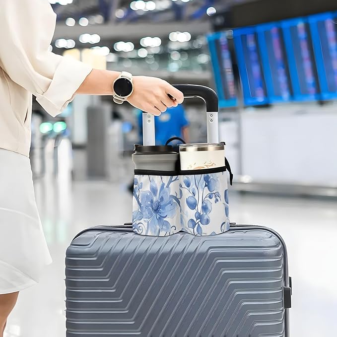 Watercolor Flower Blue and White Luggage Cup Holder Travel Portable Free Hand Drink Carrier Suitcase Drinks Beverage Holder Carry-On Bottle Mug Holder Organizer Bag Travelers Accessories