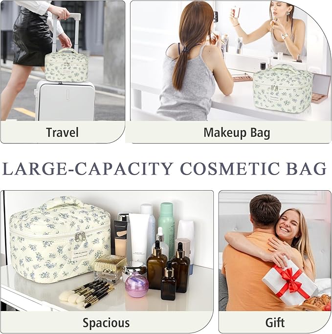 Large Travel Quilted Makeup Bag for Women,Big Floral Cotton Cosmetic Bag, Cute Coquette Aesthetic Floral Toiletry Organizer Bag (Blue Flower)