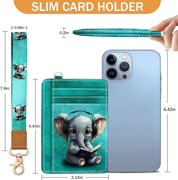 Yonlevres Elephant Credit Card Holder Slim Wallet, RFID Wallet Women Front Pocket Wristlet Lanyard, Small Card Holder Travel Funny Cute Thin Card Case ID Window PU Leather Card Organizer Gifts Girls