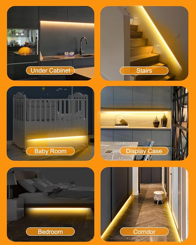 Motion Sensor Led Light Strip - Under Cabinet Lighting with Power Adapter | 6 Adjustable Brightness and Timing, Light Strips for Kitchen Cabinets, Stair, Showcase, Bedroom, 16.4ft 3000K WarmWhite