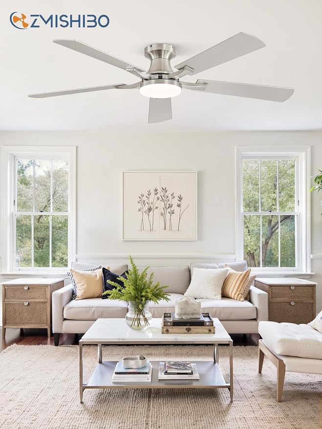 ZMISHIBO 52 Inch Ceiling Fans with Lights, Remote&App Control, Flush Mount | Low Profile, Dimmable 20W LED Light, Quiet Reversible Motor, Strong Airflow, Easy Install for Bedroom/Living Room/Apt, Nickel