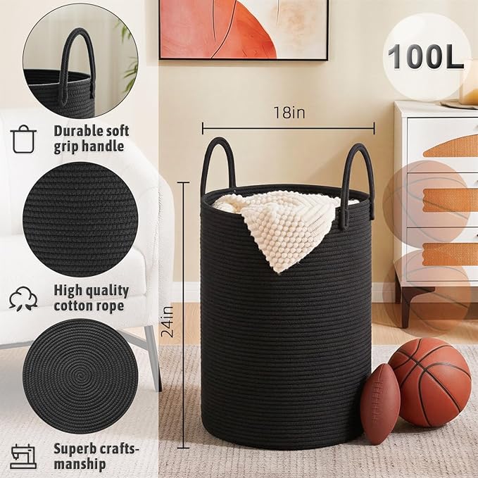 Laundry Basket,Woven Cotton Rope Laundry Hamper,100L for Decorative Storage of Dirty Clothes,Toys and Blankets in Bathroom,Baby Room and Living Room