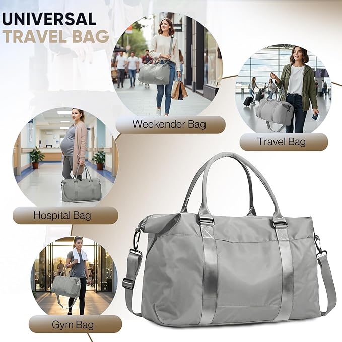 Travel Duffle Bag, Weekender Travel Bag Men Small Gym Bag for Women, Hospital Bag for Labor and Delivery, Overnight Bag Luggage Bag with Trolley Sleeve, Airplane Travel Essentials for Flying(Grey)