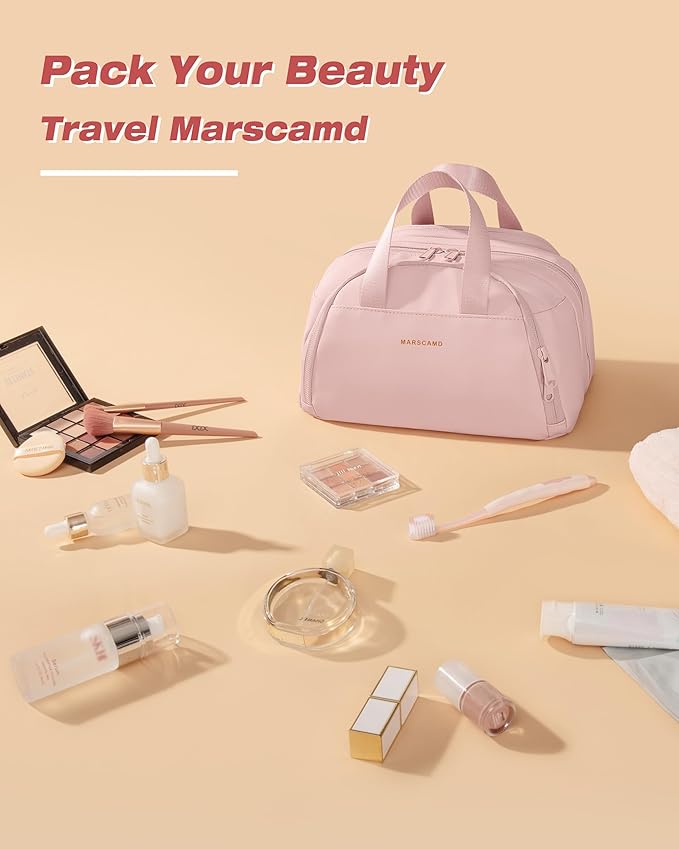 Travel Makeup Bag, Small Size Waterproof Toiletry & Cosmetic Organizer with Leakproof Pockets for Bathroom or Vanity Use for Women, Pink