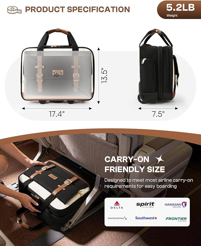 Rolling Laptop Bag for Men and Women, 16 Inch Computer Bag with Wheels Underseat Carry on Luggage, Laptop Briefcase Case for Work, Travel, College Teacher, Mobile Office Bag, Black Beige Brown