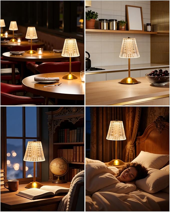 Cordless Touch Table Lamp, Classic Edition Rechargeable Small Desk Lamp | 3 Color Dimmable Gold Crystal Lamp for Bedroom, Restaurant, Kitchen & Home Decor