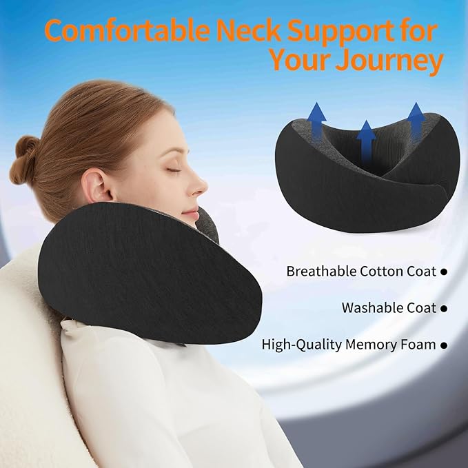 Travel Neck Pillow Airplane, Memory Foam Travel Pillows for Comfort on Sleeper Hold Compact and Ergonomic Design for Traveling Car Rides Home Road Trip Essentials for Adults and Kids (Black)