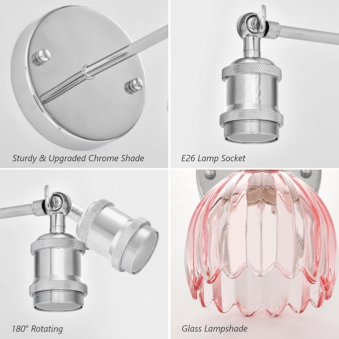 Vintage Battery Operated Wall Sconce, Pink Tulip Glass Lampshade Wireless Rechargeable Battery Powered LED Wall Light with Remote Dimmable for Bedside Bedroom Living Room, Silver, Set of 2