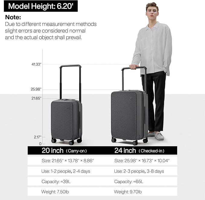 mixi Carry On Luggage Airline Approved 20'' Lightweight Luggage Wide Handle PC Hardshell Suitcases with Spinner Wheels & TSA Lock, Rock Gray