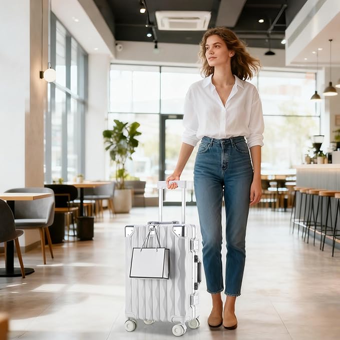 20 Inch Carry On Luggage with Spinner Wheels,Aluminum Frame PC Hard Shell Suitcase with USB Port,Lightweight Travel Luggage Airline Approved for Men Women, White