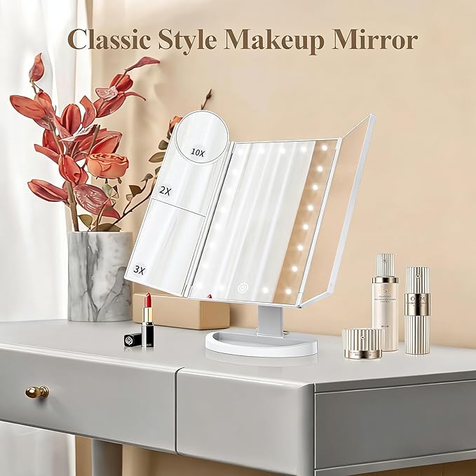 HUONUL Makeup Mirror, Vanity Mirror with Lights, 2X/3X/10X Magnification, Touch Control, Trifold, Dual Power Supply, Mothers Day, Birthday Gifts for Mom,Gifts for Women,Girls, Dorm Room Essentials