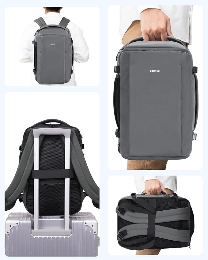 ECOHUB 40L Carry-On Travel Backpack, TSA-Friendly, Anti-Theft Water-Resistant Lightweight with 17.3″ Laptop Compartment, Durable PFAS-Free Rucksack, Grey