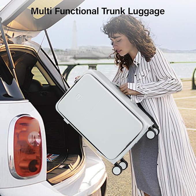 Hanke 28 Inch Luggage with Cup Holder and Charge,Top Opening Hard Shell Suitcases with Wheels and Dividers,Aluminum Frame Trunk Luggage Extra Large Suitcase with Lock for Travel,Smoke White