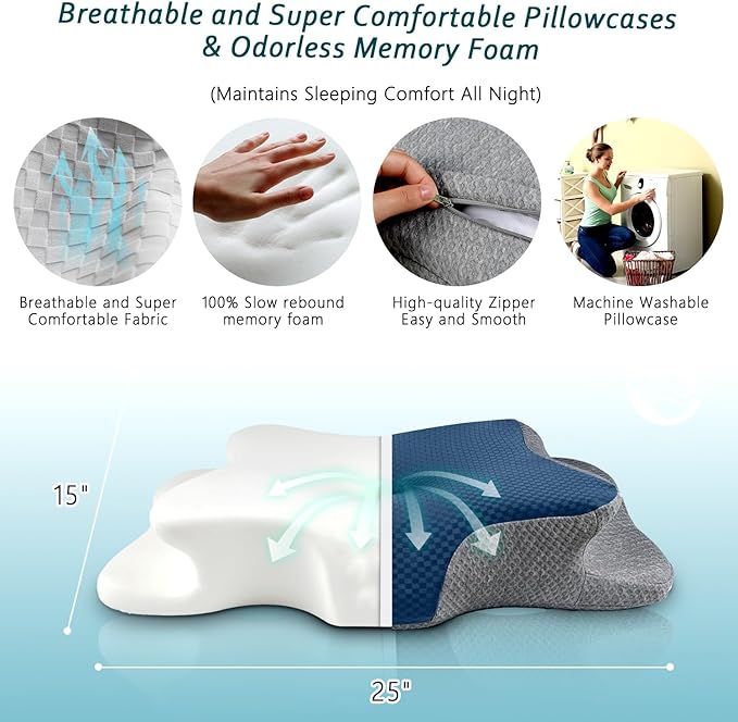 Cervical Neck Pillow for Pain Relief Sleeping, Memory Foam Pillows, Ergonomic Side Sleeper Pillows, Cooling Orthopedic Neck Support Pillow for Back Stomach Sleepers-Queen Size Blue&Grey
