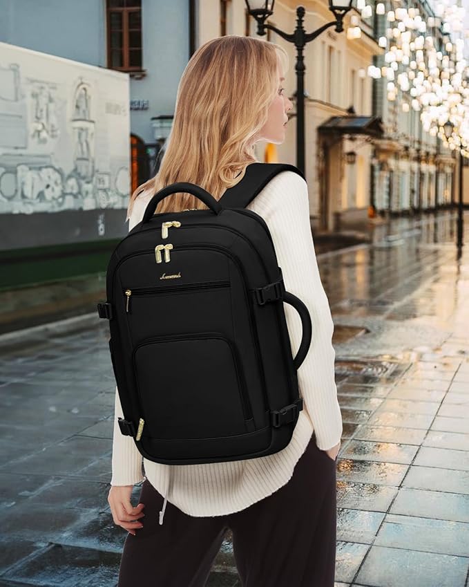 LOVEVOOK Travel Backpack for Women, 50L Carry On Backpack Flight Approved with Garment Bag, TSA Personal Item Travel Bag Fit 17 Inch Laptop, Business Weekender Waterproof Daypack With 2 Cubes, Black